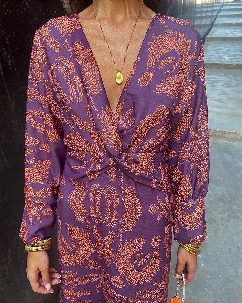 Printed Midi Dress with Knot Front and Deep V-Neck