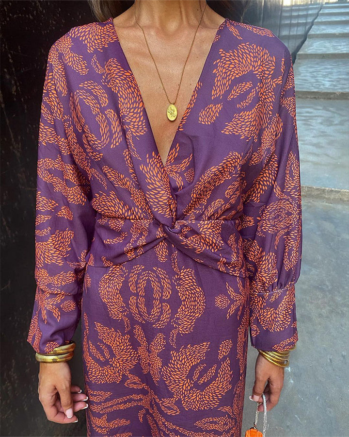 Printed Midi Dress with Knot Front and Deep V-Neck