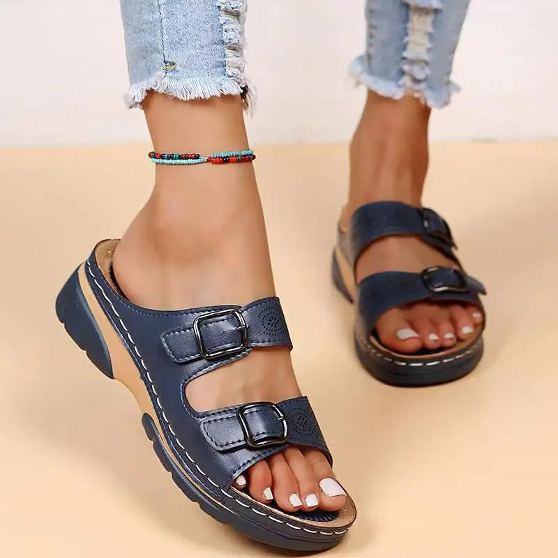 Cozy Double Buckle Wedge Sandals