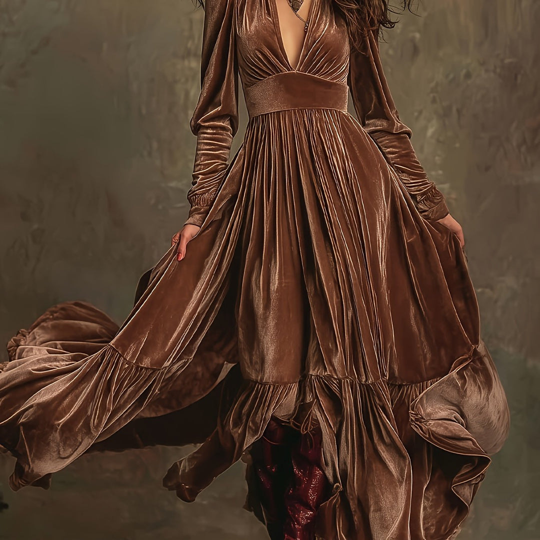 SERAFINA | RETRO OVERSIZED SKIRT LONG DRESS WITH DEEP V-NECK