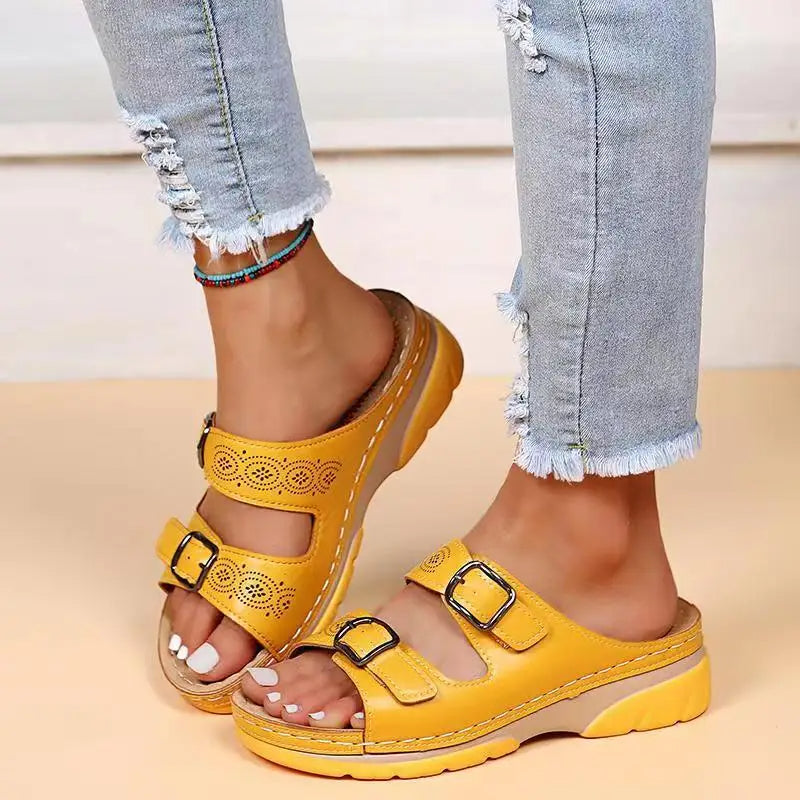 Cozy Double Buckle Wedge Sandals