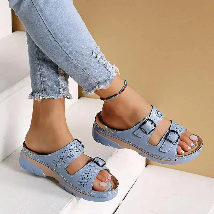 Cozy Double Buckle Wedge Sandals