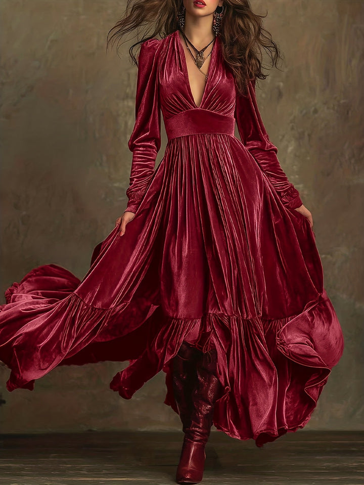 SERAFINA | RETRO OVERSIZED SKIRT LONG DRESS WITH DEEP V-NECK