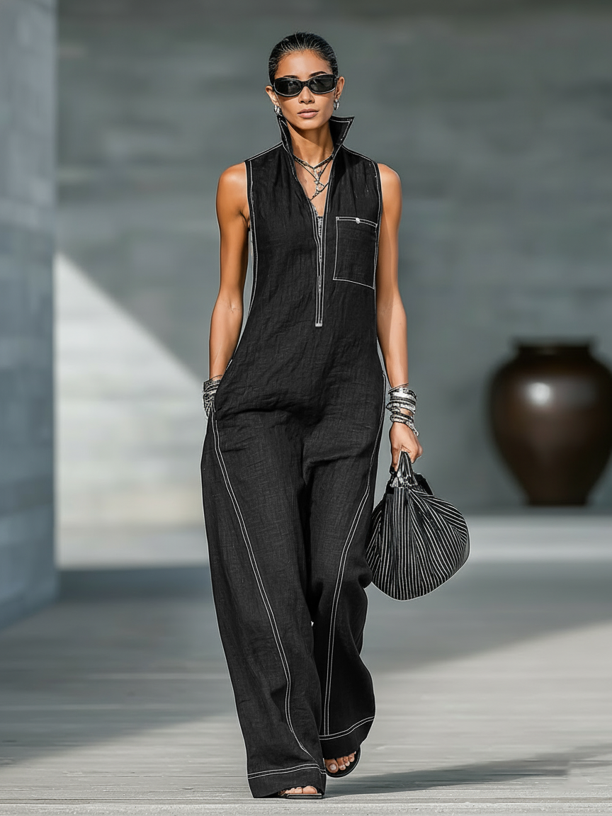 Sleeveless Dungarees with White Hem