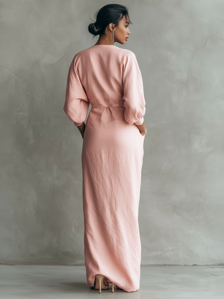 Pink Linen Maxi Dress V-Neck