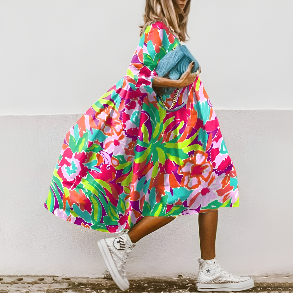 Oversized Floral Print Midi Shirt Dress