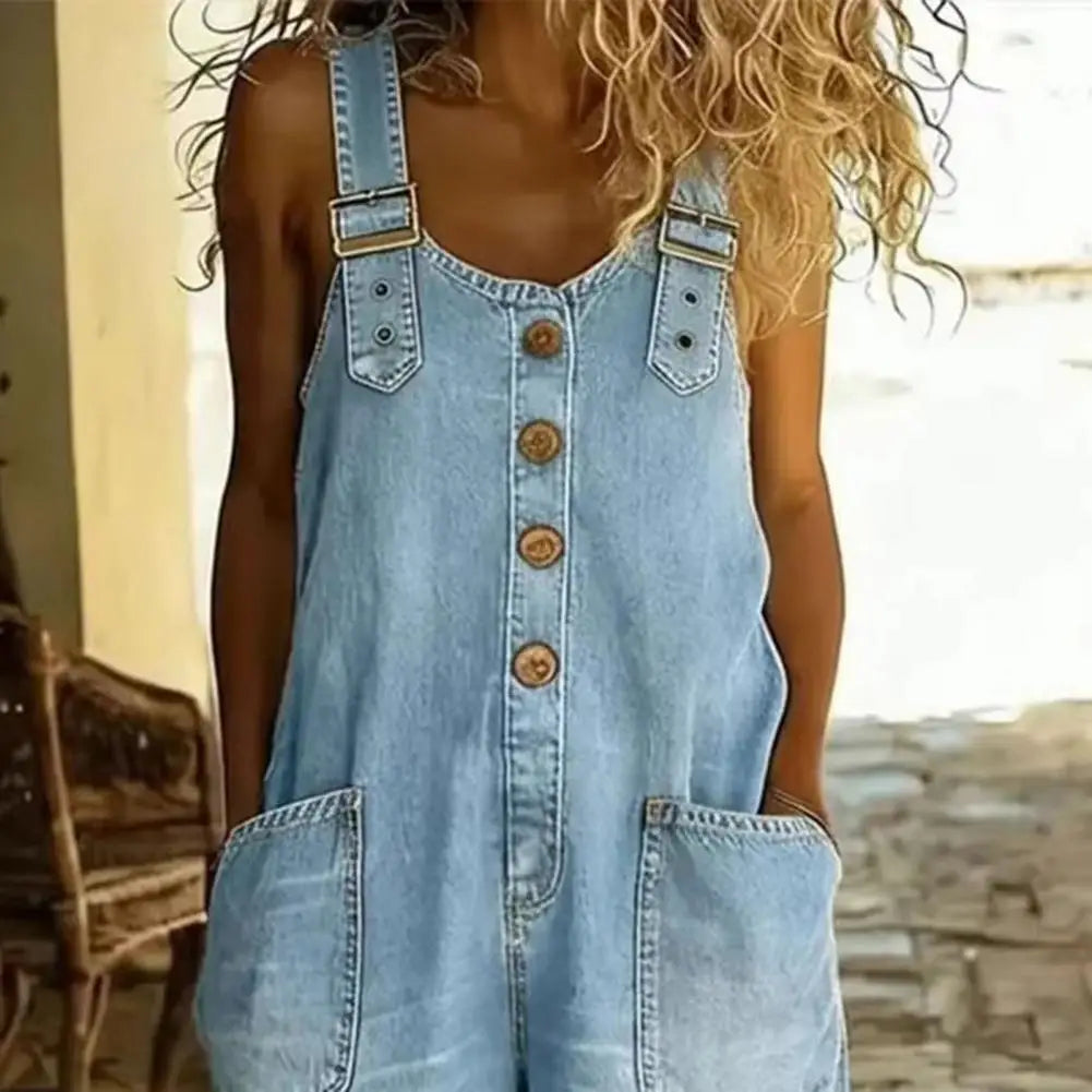 Saylor - Vintage short Cotton Denim-Look Overalls with Adjustable straps