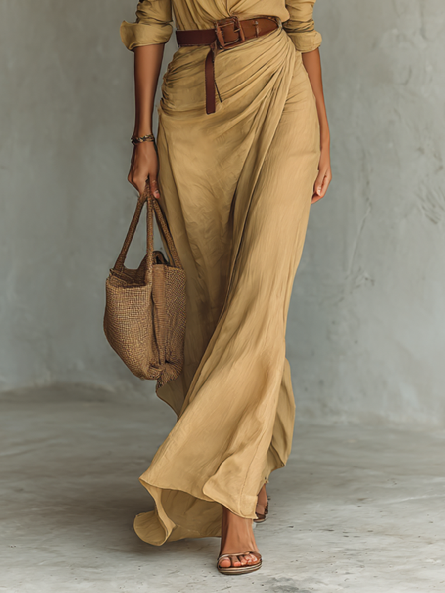 Maxi Dress with Notch Collar and Long Sleeves