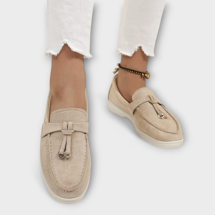 Beige Women's Loafers with Decorative Lace